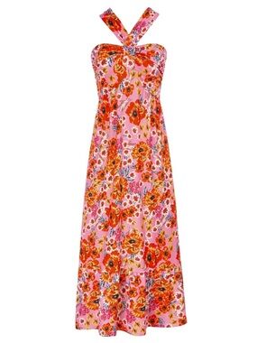 Grace Karin Pink Floral Maxi Dress with Orange Red Blooms
